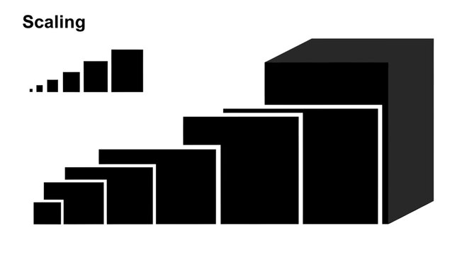 Black 3D step scaling blocks, size comparison, gradient cubes