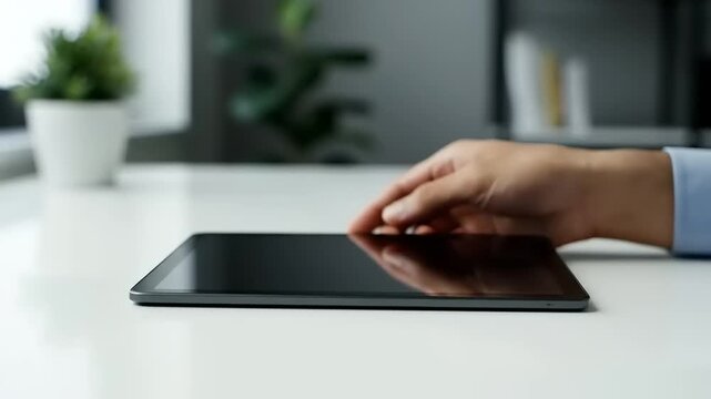 Close-up of a persons hand using a tablet device on a white desk.