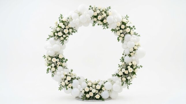 Elegant white balloon arch with floral arrangements, circular wedding backdrop with roses and eucalyptus, festive party decoration on white background