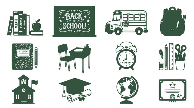 Back to School Icons: Books, Bus, Backpack, Desk, Globe, Diploma