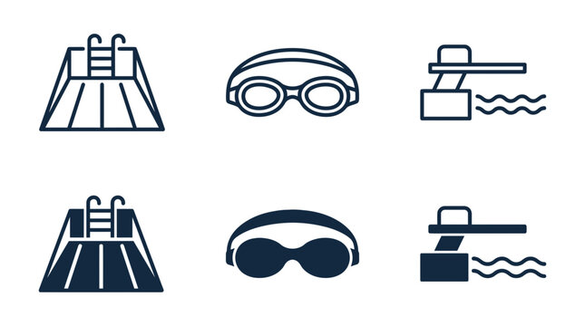 Swimming and water sport icon collection with pool view diving board and protective swim goggles, exercise