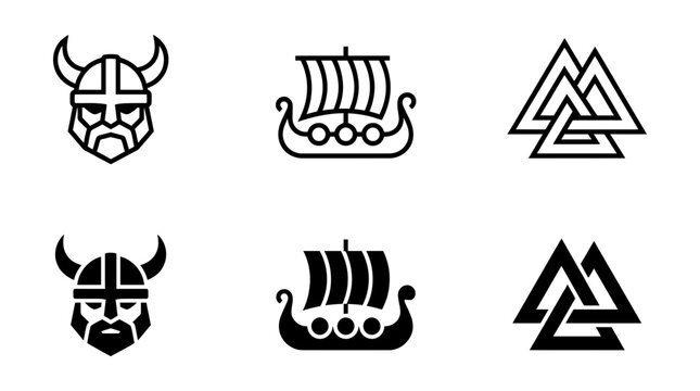 Viking warrior helmet longship and triangular knot icon set with triangular scandinavian mythology medieval
