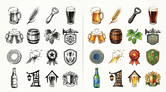 Collection of beer-related icons and illustrations in both sketch and color styles.