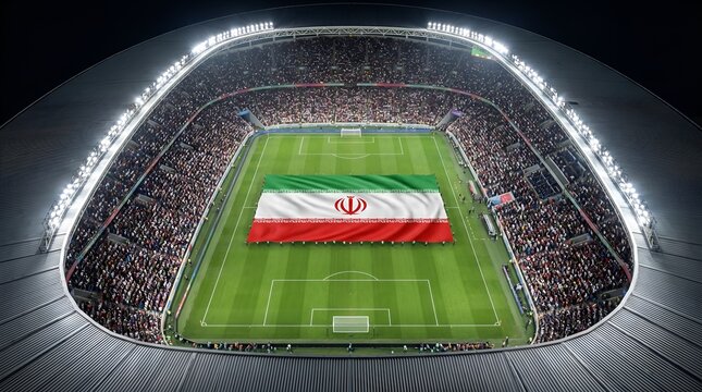 Aerial View of a Crowded Soccer Stadium with Large Iranian Flag on Pitch.