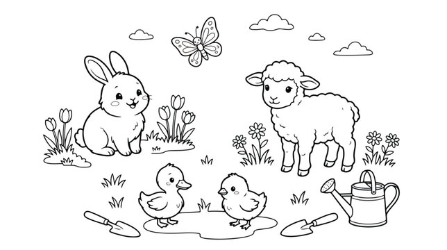 Easter coloring page with cute farm animals, spring landscape line art vector, adorable bunny lamb and chicks in garden, black and white outline illustration