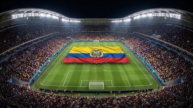Giant Ecuadorian Flag Displayed on Soccer Stadium Pitch at Night.