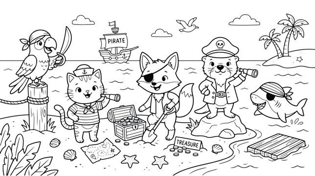 Cute pirate animals coloring page vector, cartoon fox and cat treasure hunt on tropical island beach, black and white outline illustration for kids