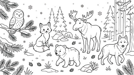 Winter forest animals coloring page vector, cute woodland wildlife in snowy pine woods, black and white line art of bear fox moose wolf and owl © Fahad