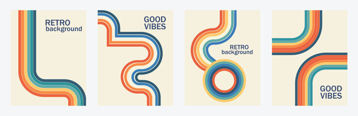 Retro wavy lines poster and good vibes banner set. Vector illustration of vintage 70s abstract vertical backgrounds with colorful geometric stripes and typography text. © MdNurul