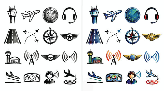 Set of aviation icons and symbols in watercolor style, representing air travel and airport elements.