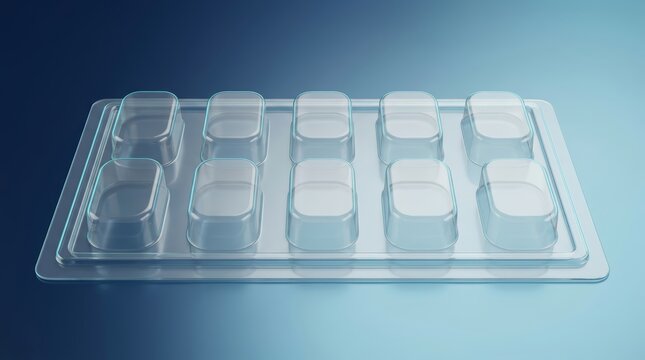 Blister pack packaging tray 3D render, pharmaceutical thermoformed tablet pack, empty cavity grid sheet, unit dose blister system, GMP sterile packaging