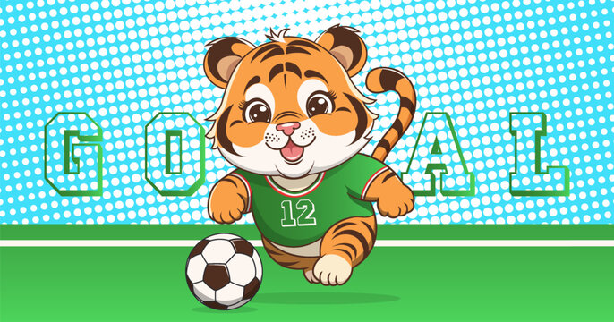 Vector cartoon of cute happy smiling chubby tiger cub, soccer in sports uniform, running across field with ball. Goal. Champion. Toon young fan and player. European football