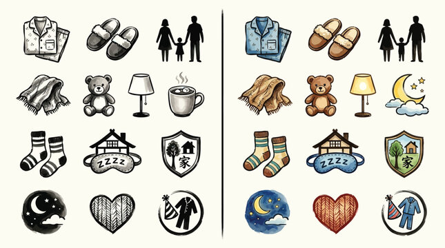 Collection of cozy bedtime and sleep-related icons in two distinct artistic styles, sketch and watercolor.