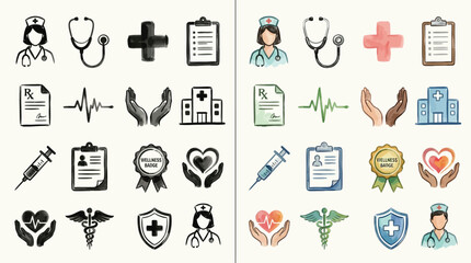 Set of medical icons in watercolor and sketch styles, representing healthcare and science. © Renald