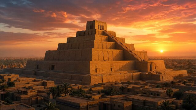 ziggurat. Massive stepped ziggurat silhouette under a sunset sky. inspiring travel planning, event programs, designed for cultural heritage projects and event programs, used by operations managers.