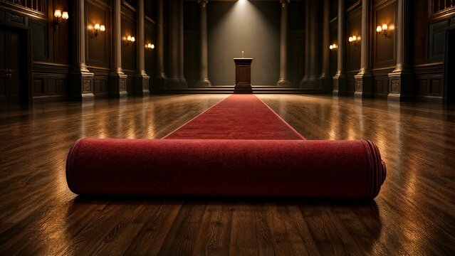 privilege. A red carpet being rolled up from a floor, leading to an empty podium. event programs, museum guides, designed for cultural heritage projects and event programs, supports education.