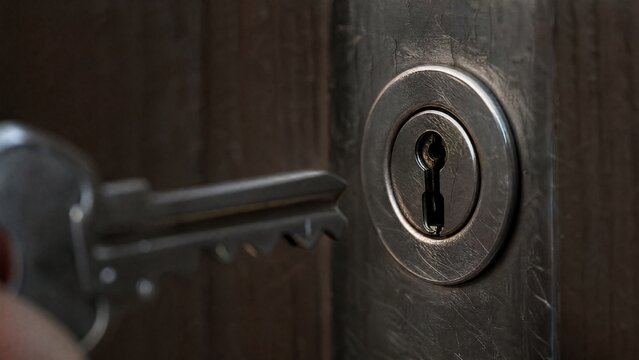 misaligned. A metal key slightly misaligned with a door lock's keyhole in dim light. product launch decks, UI/UX mockups, designed for data visualization dashboards and holographic UIs.