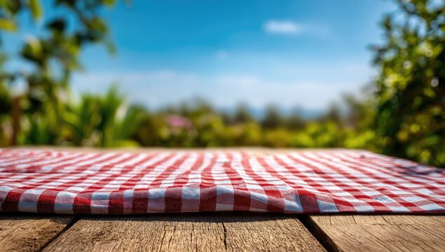Outdoor Picnic Table with Red and White Gingham Tablecloth and Blurred Greenery Background.