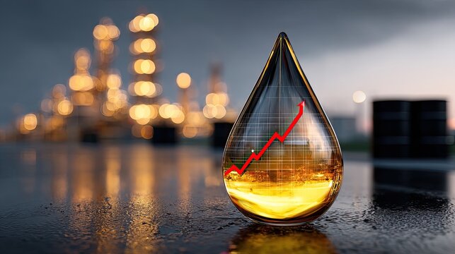 Oil drop with rising graph overlays refinery; symbolizing energy price volatility