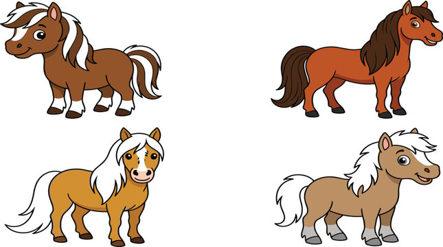 Cute Pony Cartoon Character Pack with Friendly Farm Horses and Mini Equine Animals for Nursery Artwork, Kids Branding, and Vector Illustrations