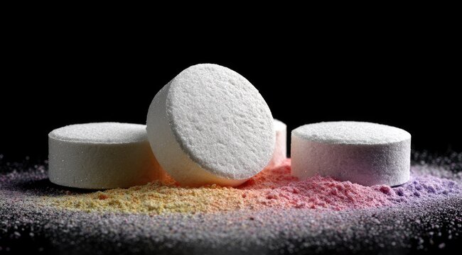 White pills resting on colorful powder, black background