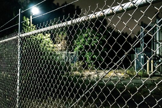 夜の照明に照らされた有刺鉄線付き金網フェンス