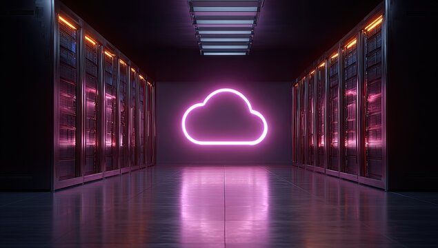 Neon cloud in a futuristic server room with glowing purple lights