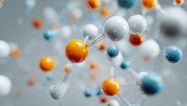 Abstract molecular structure with orange, blue, and white spheres interconnected