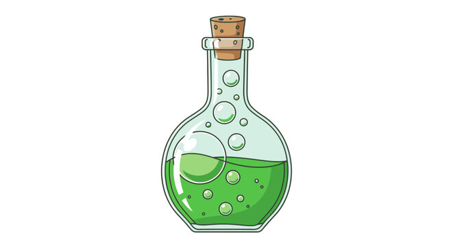 Cartoon potion bottle with green liquid and bubbles isolated on white