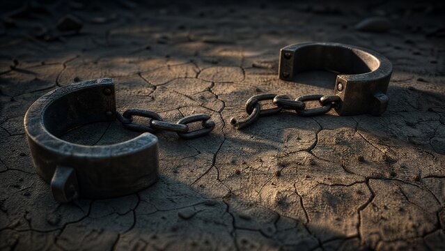 sidelight. Heavy iron manacles with a severed chain on cracked earth. STEM education sheets, lab safety posters, designed for STEM education and laboratory safety posters, used by food bloggers.
