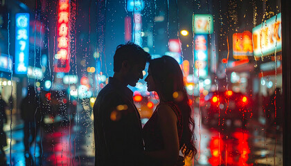 Fototapeta premium Couple silhouette in city lights