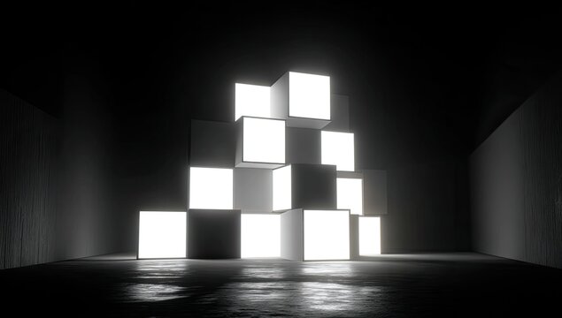 Stacked glowing cubes form a bright pyramid in a dark, minimalist room