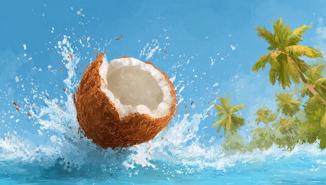 Fresh Coconut Splashing into Tropical Ocean Water with Palm Trees.