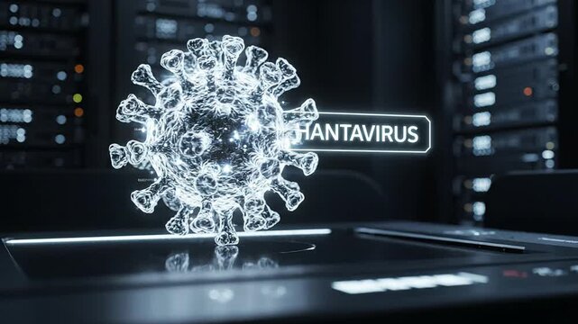 Digital hantavirus 3d hologram in a server room environment representing advanced biological research and pathogen data analysis for global healthcare security