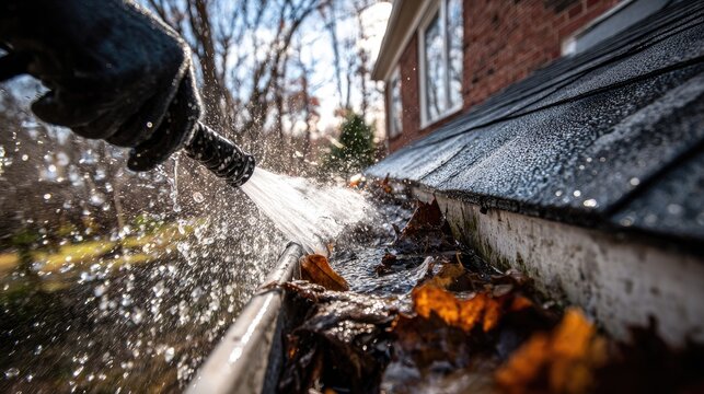 Hand with hose sprays water, clearing autumn leaves from clogged gutter
