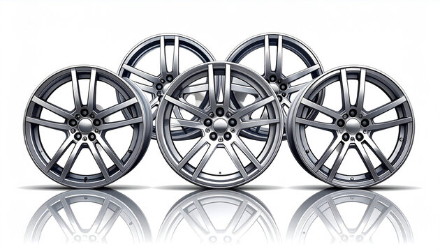 Five silver alloy wheels on white