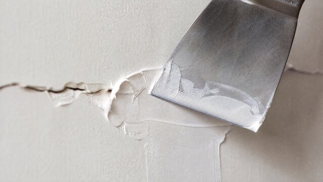 spackle. A stainless steel putty knife smoothing white spackle over a wall crack. safety posters, maintenance manuals, designed for precision metalworking and fabrication facilities.