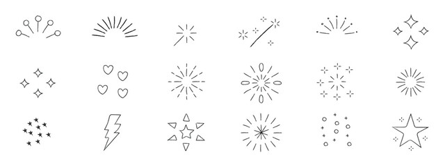 Sparkles stars and fireworks doodle element pack. Vector illustration of hand drawn magic shine bursts lightning bolt and comic star sketches for holiday or celebration design. © MdNurul