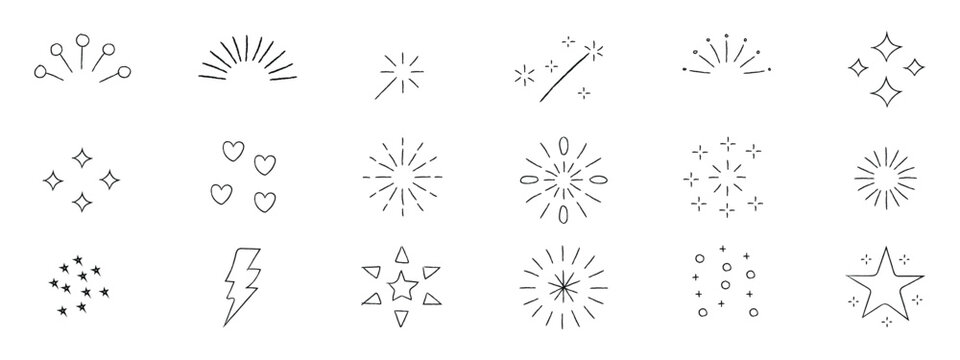 Sparkles stars and fireworks doodle element pack. Vector illustration of hand drawn magic shine bursts lightning bolt and comic star sketches for holiday or celebration design.