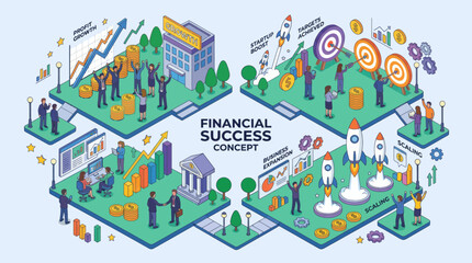 Obraz premium Financial Success Concept with Isometric Business People, Growth Charts, and Startup Rockets Illustrating Investment and Achievement.