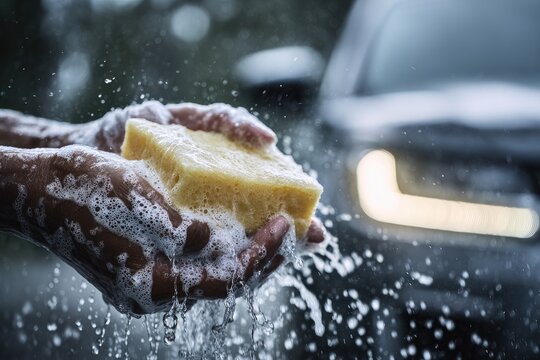 Hands hold soapy sponge with water splashing, washing a dark vehicle