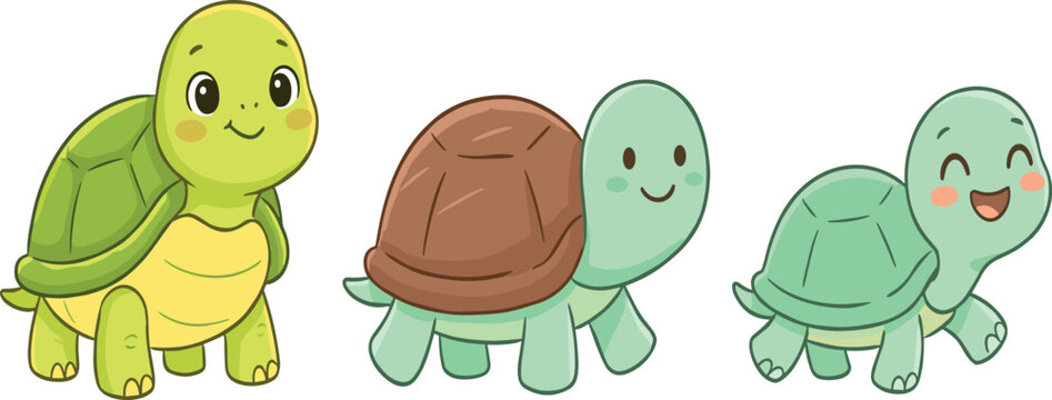 Cute Turtle Cartoon Character Collection Featuring Smiling Baby Turtles Walking Crawling and Adorable Wildlife Animal Poses for Vector Illustration Designs