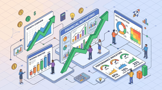 Business growth concept with financial reporting, data analysis, and performance indicators on digital dashboards, isometric vector illustration.