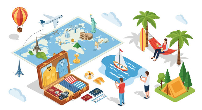 Isometric travel concept with world map landmarks and suitcase