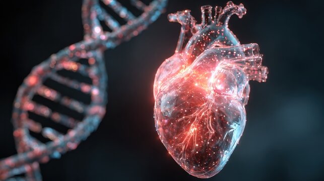 Conceptual illustration of a glowing human heart and dna