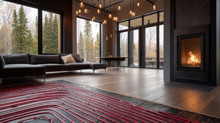 Naklejka premium Modern living room with radiant floor heating, large windows, and fireplace