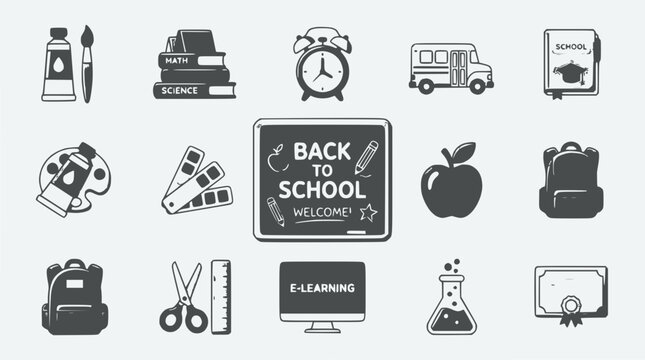 Back to School Icons Set: Education, Learning, Supplies, and E-Learning Concepts