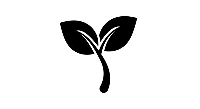 Black silhouette of a sprouting plant with two leaves on a white background