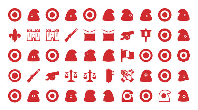 French Revolution Icons Set: Bastille, Fleur-de-lis, Tricolor Flag, Scales of Justice