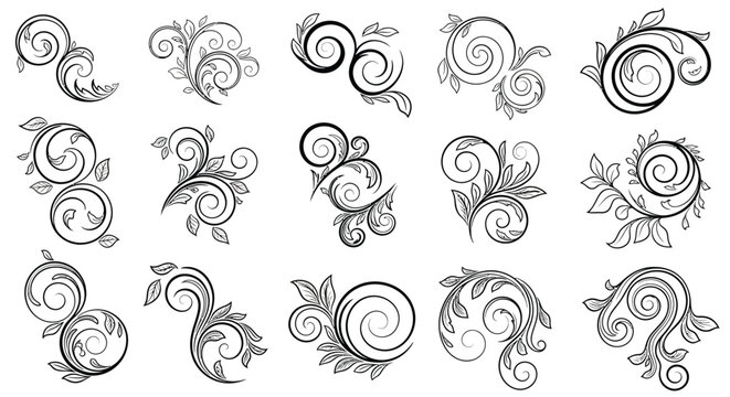Set of floral swirl designs with leaves and curls